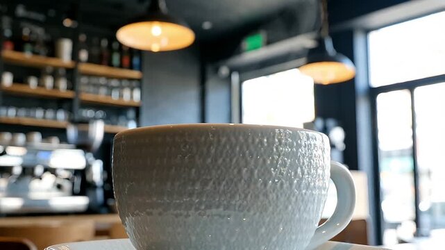 Close up of white textured ceramic coffee cup with hot steam on saucer in blurry modern cafe interior with warm lamps