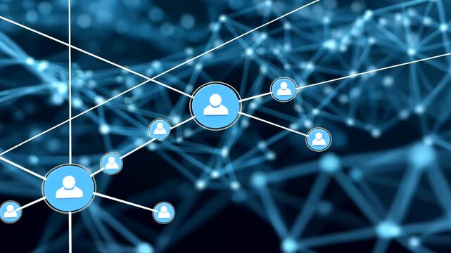 Abstract networking of people in bright blue nodes and lines over dark backdrop