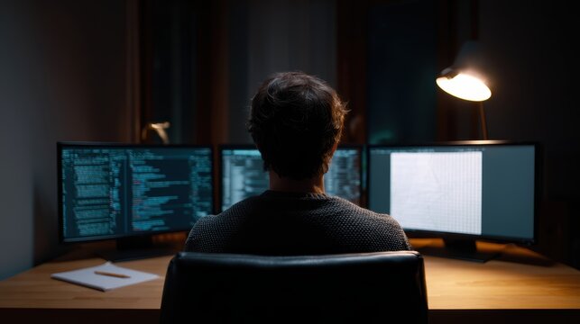 digital workspace, a dark room is lit by three large monitors showing code and design software, with a silhouette of a worker and a desk lamp adding warm light and some sketches visible