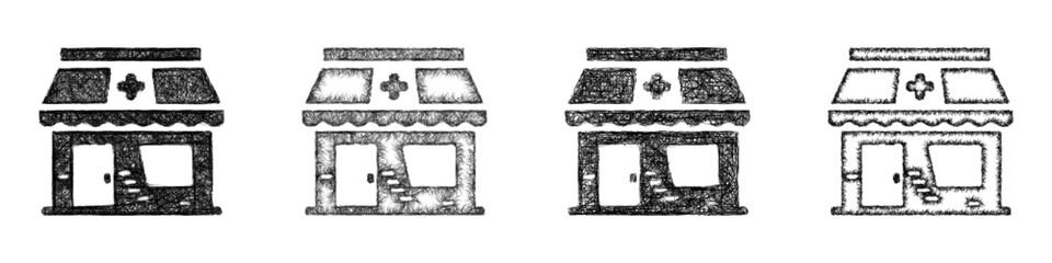Obraz premium Sketch pharmacy building icon design set