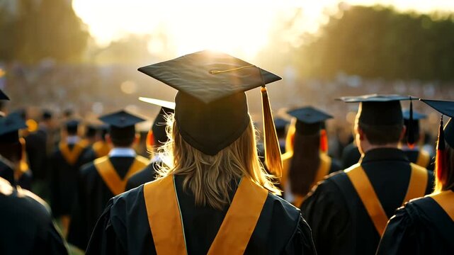 Graduation ceremony with students in caps and gowns at sunset.