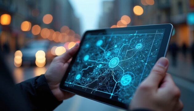 Person holds tablet showing glowing map interface with nodes. City lights blur background, indicating urban travel planning. Navigating modern world using digital technology.