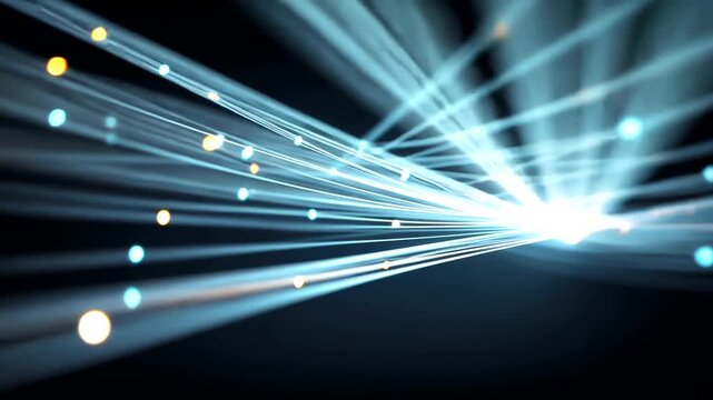 Abstract blue light rays converging into a bright focal point.