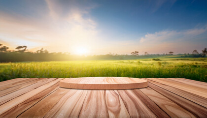 Fototapeta premium Wood Podium In Farm Display For Products On Nature Background Brlured Bokeh
