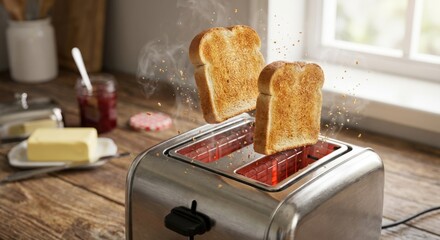 Roasted toast bread pops up from a modern toaster in super slow motion, warm morning kitchen light, crisp texture, crumbs and subtle steam

