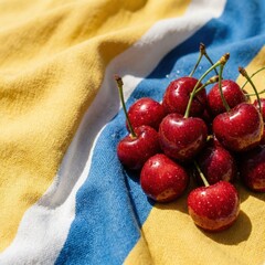 Wet glistening cherries on rippling striped fabric in bright sun, minimalist summer still life with tactile textile texture and vibrant red tones

