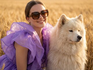 European woman in ruffled purple dress and bold sunglasses with fluffy dog in golden field, close-up editorial countryside fashion mood

