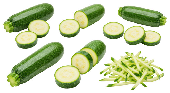 Fresh whole and sliced green zucchinis with julienne sticks on a transparent background