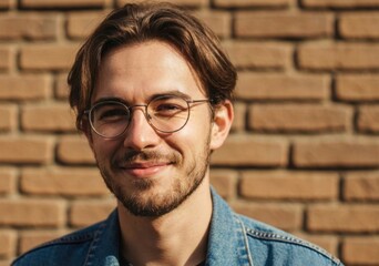 European man in classic denim jacket by rustic brick wall in warm golden hour light, close-up lifestyle fashion portrait with calm authentic mood

