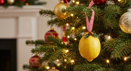 Realistic lemon shaped Christmas ornament on red and white ribbon hanging from evergreen branch with warm bokeh lights, fresh zesty holiday concept

