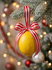 Realistic lemon shaped Christmas ornament on red and white ribbon hanging from evergreen branch with warm bokeh lights, fresh zesty holiday concept

