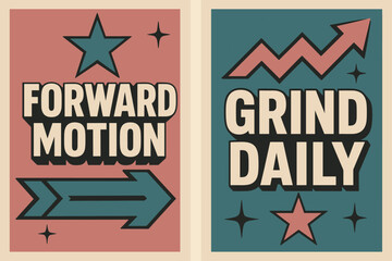 Naklejka premium Forward Motion Banners. Forward motion. Two vertical A6 banners with safe margins, centered composition, no elements touching edges, retro, pink and teal,