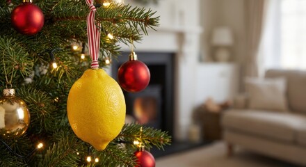 Realistic lemon shaped Christmas ornament on red and white ribbon hanging from evergreen branch with warm bokeh lights, fresh zesty holiday concept

