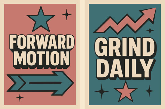 Forward Motion Banners. Forward motion. Two vertical A6 banners with safe margins, centered composition, no elements touching edges, retro, pink and teal,