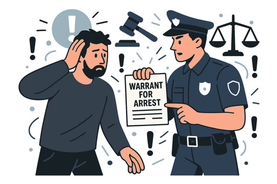 Arrest Warrant Presentation. Warrant for arrest. Police officer showing arrest warrant to suspect with abstract floating exclamation marks, legal symbols, and