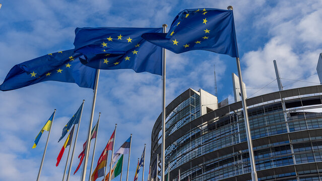 Blick auf wehende EU-Flaggen und Nationalflaggen vor dem Europ&auml;ischen Parlament in Stra&szlig;burg, Frankreich. 