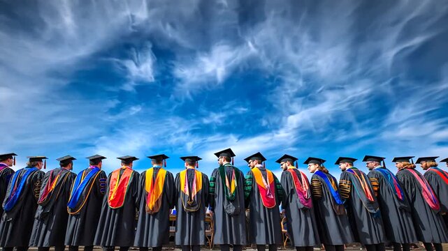 Graduates in caps and gowns standing together under a blue sky.