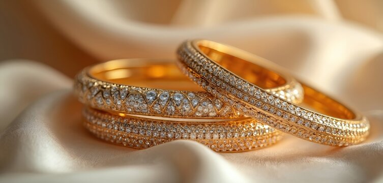 Stack of elegant gold bangles, encrusted with diamonds, rests on soft satin fabric. Luxurious jewelry gleams, perfect for fashion, weddings, and celebrations, embodying wealth and style.