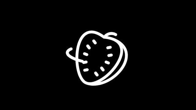 Simple white line art icon of a strawberry half on a black background