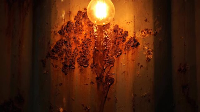Glowing light bulb illuminating rust and textures on a vintage wall indoors.