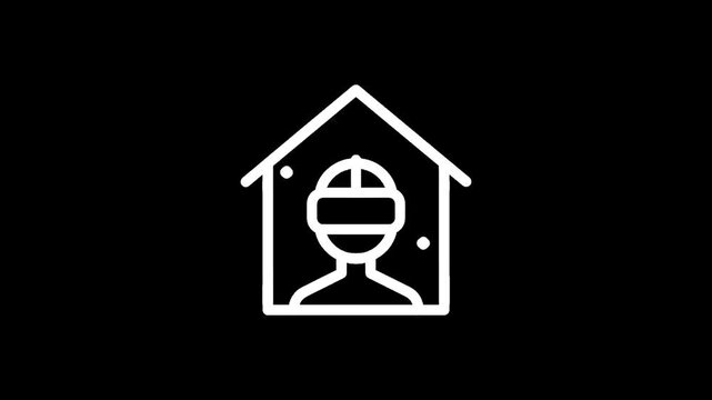 Person wearing VR headset inside a house icon representing virtual reality at home