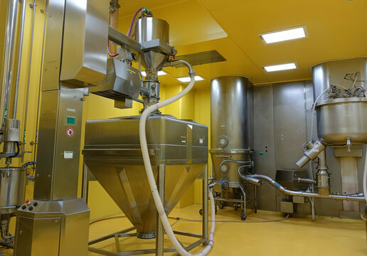 Pharmaceutical Fluid Bed Processor and Powder Handling System, Industrial Stainless Steel Machinery in Sterile Clean Room Factory