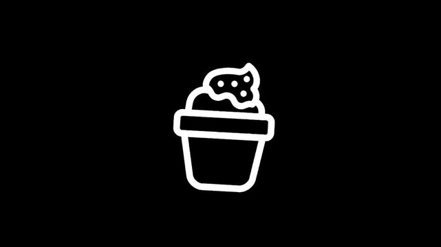 Simple white line art icon of a cupcake with frosting and sprinkles on a black background