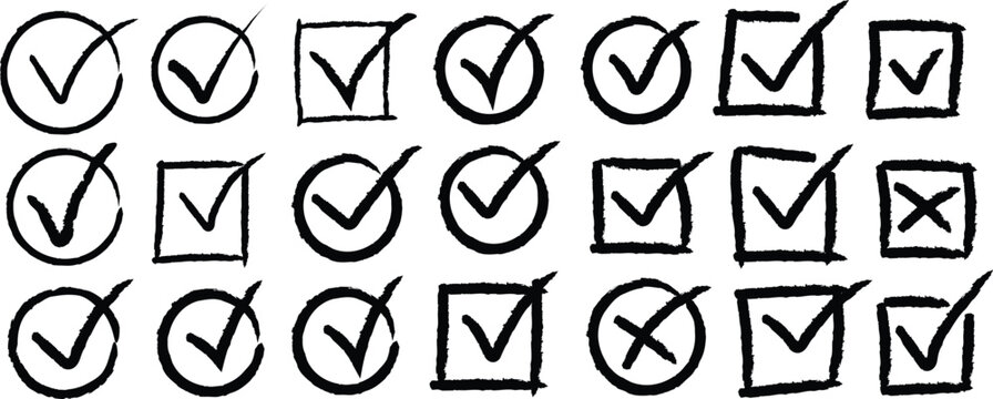 Checkmarks and x marks in circles and squares for evaluation and assessment