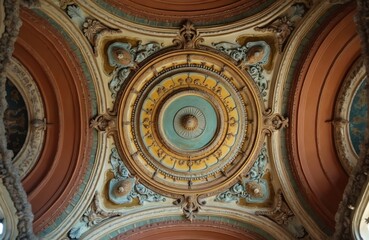 Fototapeta premium Ornate circular ceiling design with yellow and blue ornamental patterns. Intricate plasterwork details create a decorative architectural element in an old building interior.