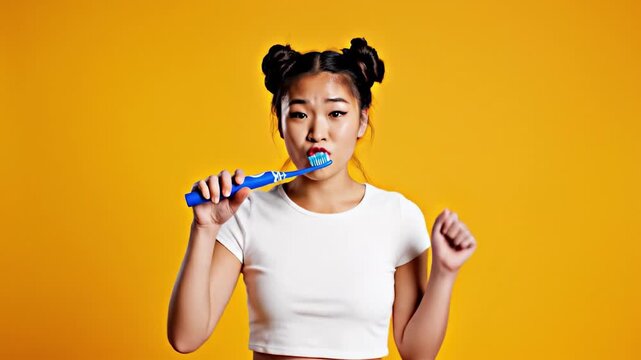 Young Asian woman brushes teeth and sings with toothbrush. Playful morning routine concept on bright yellow background. Useful for dental care ads or lifestyle content.