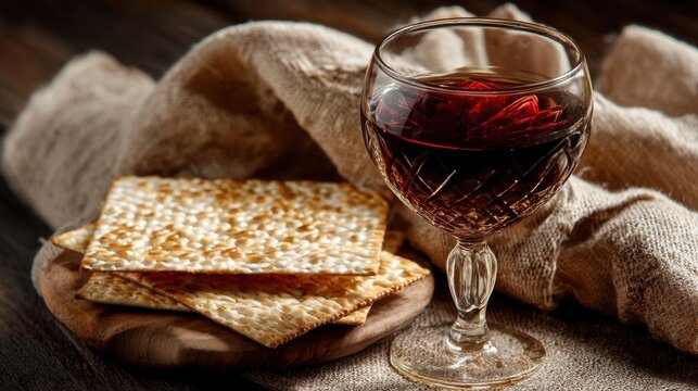 Red wine and matzo on rustic wooden table.