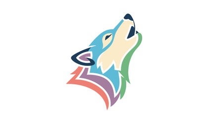 Fototapeta premium A colorful, stylized wolf head is shown howling upwards against a white background