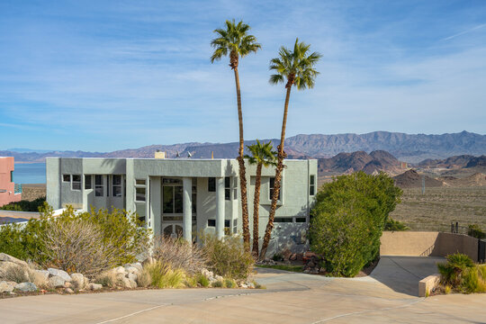 Large mansion with palms in Boulder city Nevada.