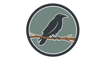 Fototapeta premium A raven silhouette perches on a branch inside a circle. Neutral colors are used
