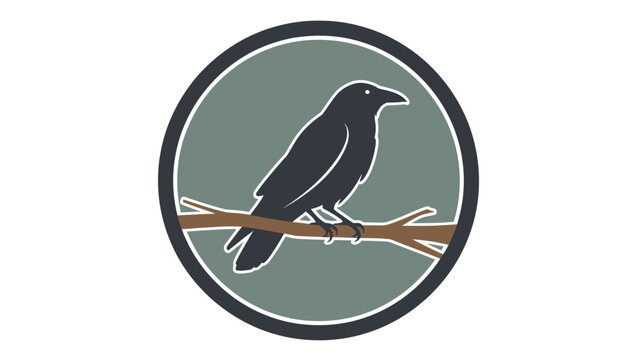 A raven silhouette perches on a branch inside a circle. Neutral colors are used