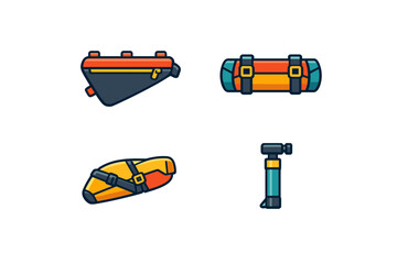Different types of outdoor gear and accessories with zippers and straps displayed on a white background for hiking or biking activities