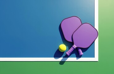 Two purple pickleball paddles and a yellow ball rest on a blue court surface with green outer area. Sunlight casts shadows from the equipment. This sport is popular for all ages. Ready for play.