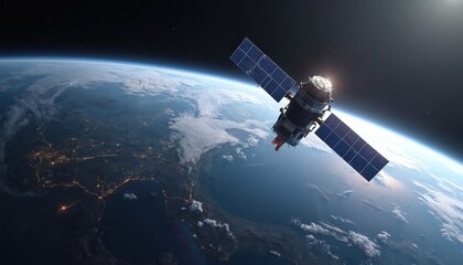 Artificial satellite orbits Earth, provides global communication and navigation services. Tech in space transmits data for GPS, weather, and internet access. Spacecraft operates in orbit.