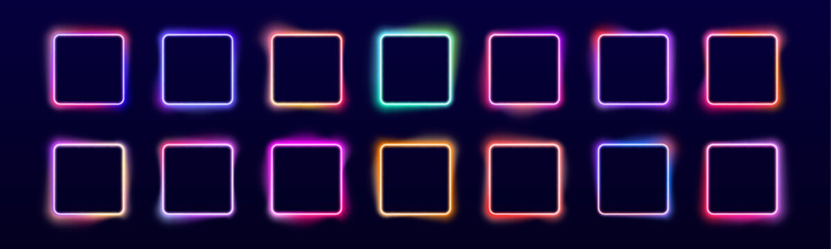 Glowing neon square panel with gradient pink, purple, and blue. Transparent background allows versatile usage. Perfect for modern graphic projects and social media posts.
