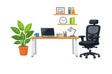 Fototapeta premium Workspace with laptop, chair, plants, and shelves at home during daytime