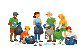 Group of people cleaning up trash in a park during a community event in the afternoon on a sunny day