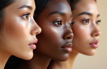 Fototapeta premium Three women of different ethnicities show skin glow and makeup. Their faces highlight natural beauty and cosmetic enhancements for diverse complexions. Pro skincare and beauty products are featured.