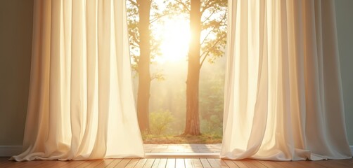 Obraz premium Soft cream curtains frame a sunlit forest scene. Sunlight streams through trees casting warm glow on floor. Gentle breeze moves fabric, creating peaceful ambiance. Nature view opens from room.