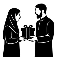​Muslim Couple Sharing a Gift Box Illustration