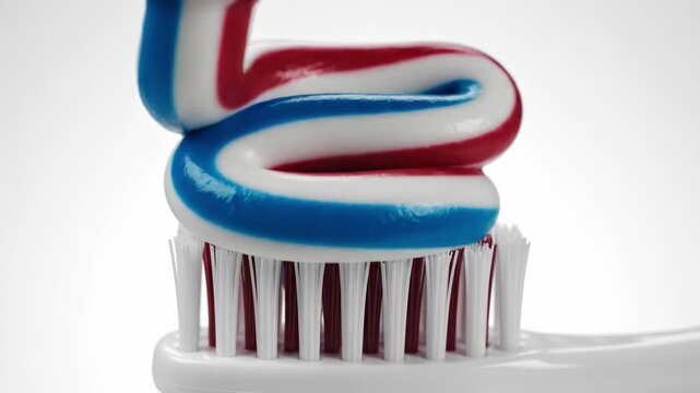 Tri-color toothpaste being squeezed onto a white toothbrush. Focus on daily oral hygiene and dental health routine. Ideal for medical or wellness advertising.