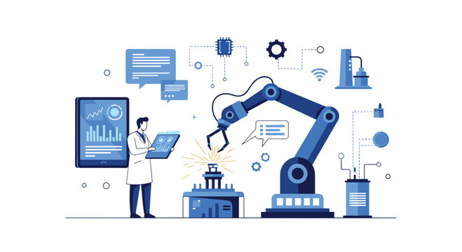 Scientist in lab coat monitoring a sophisticated robotic arm performing precision assembly with data analytics displays.