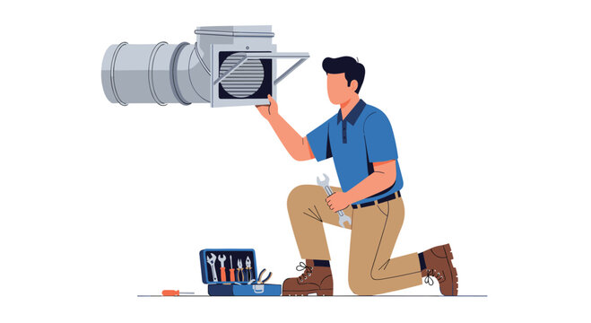 HVAC technician in blue polo shirt kneeling, holding a wrench, inspecting an open ventilation duct with a toolbox on