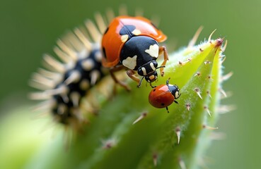 Obraz premium Macro view of adult ladybugs on green spiky plant. One ladybug near a spiky larva. Insects on plant stem in nature macro details. Tiny ladybugs exploring plant.