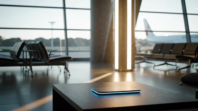 Modern airport waiting area with tablet, airport, travel, and empty seats.