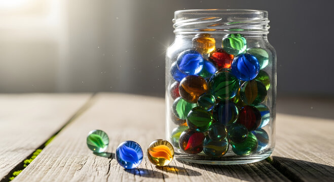 Clear glass jar filled with colorful glass marbles on wooden table